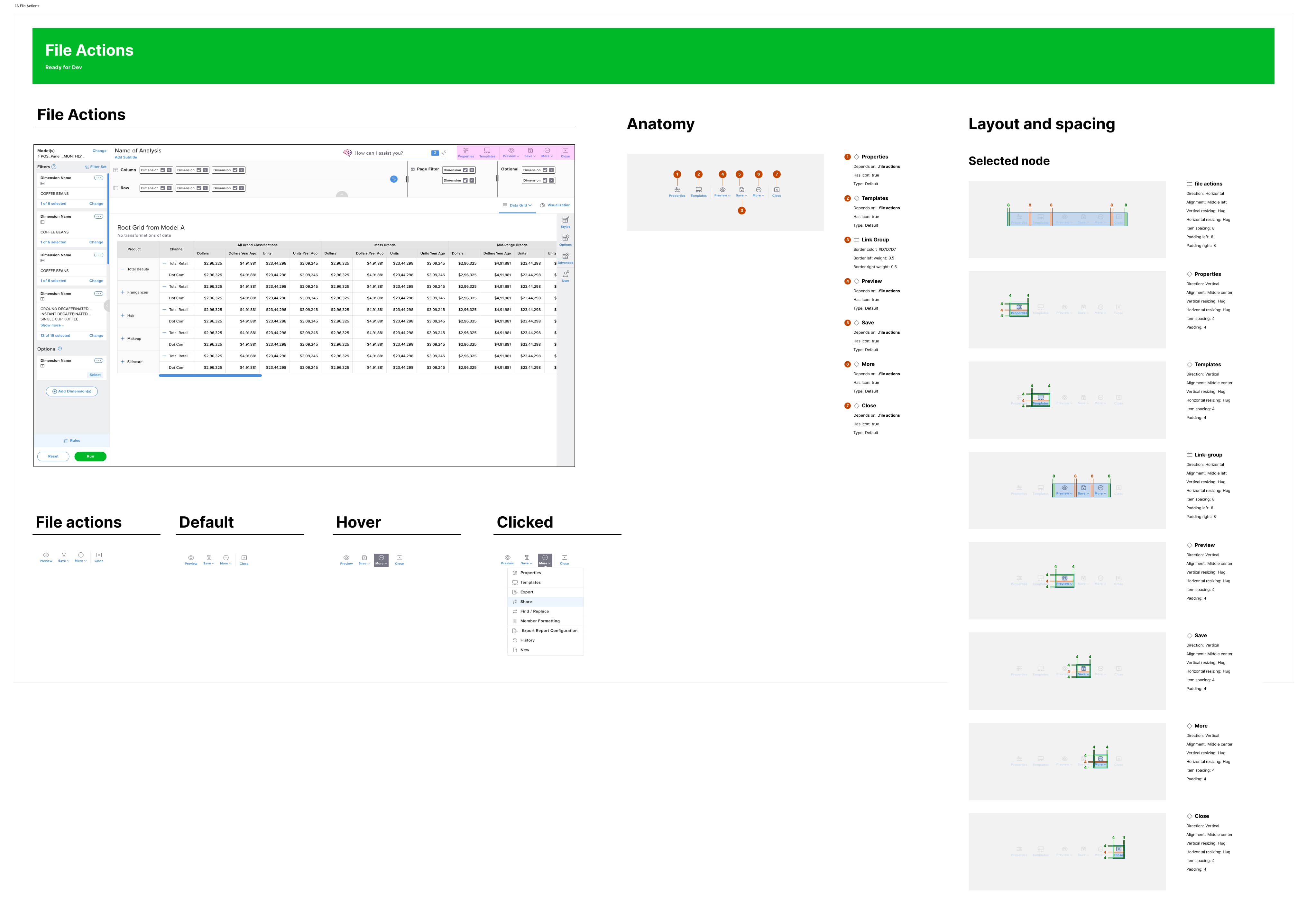 Component documentation for the File Actions bar: full anatomy with numbered properties, default, hover, and clicked states, and detailed layout-and-spacing redlines for every child element.