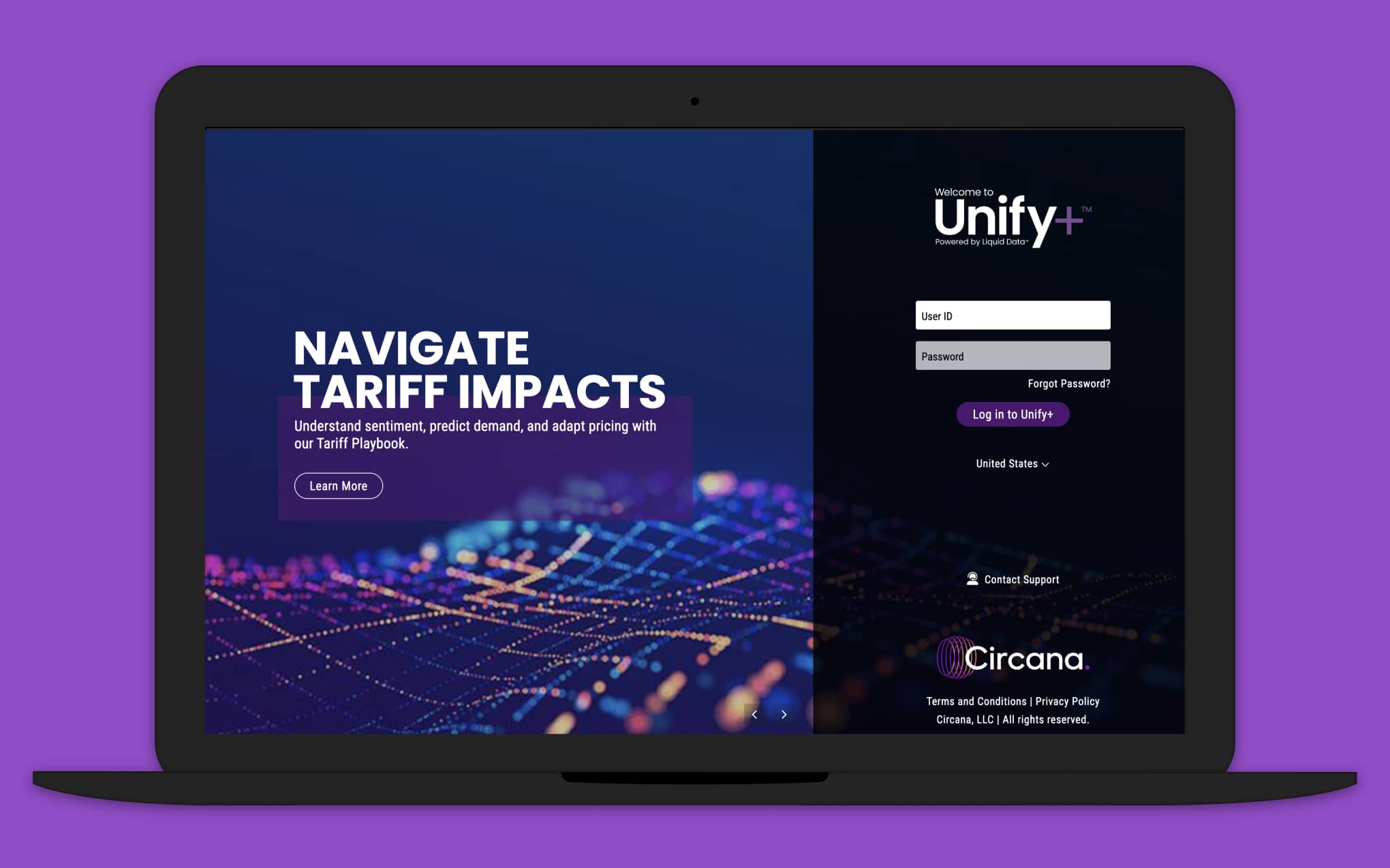 The Unify+ login screen on a laptop — 'Welcome to Unify+, powered by Liquid Data' with Circana branding.