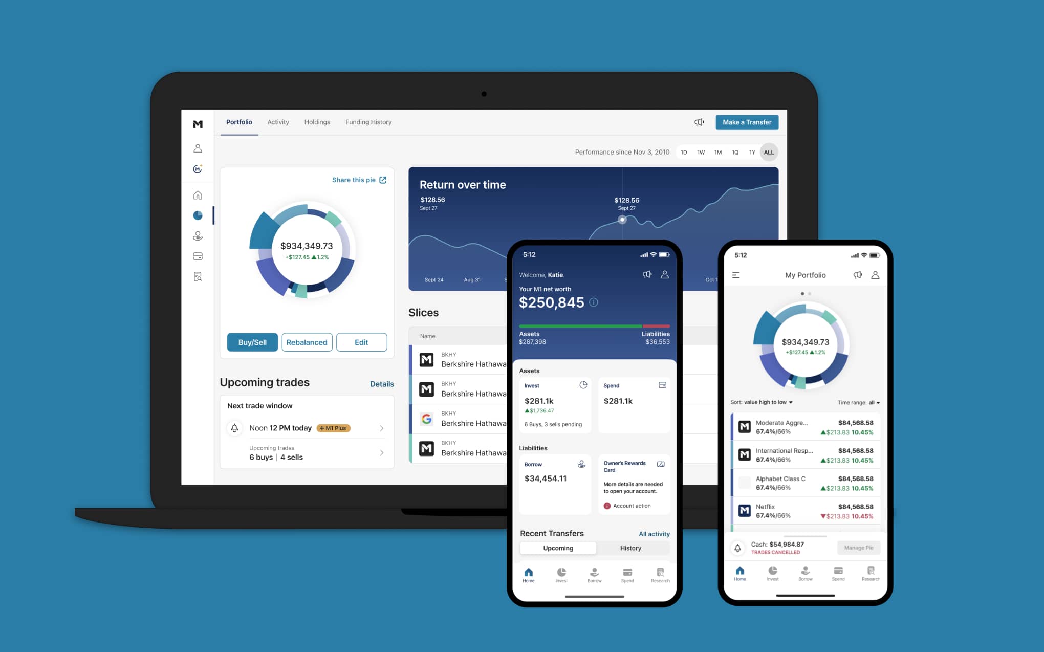 M1 portfolio screens across desktop and mobile in dark and light themes.