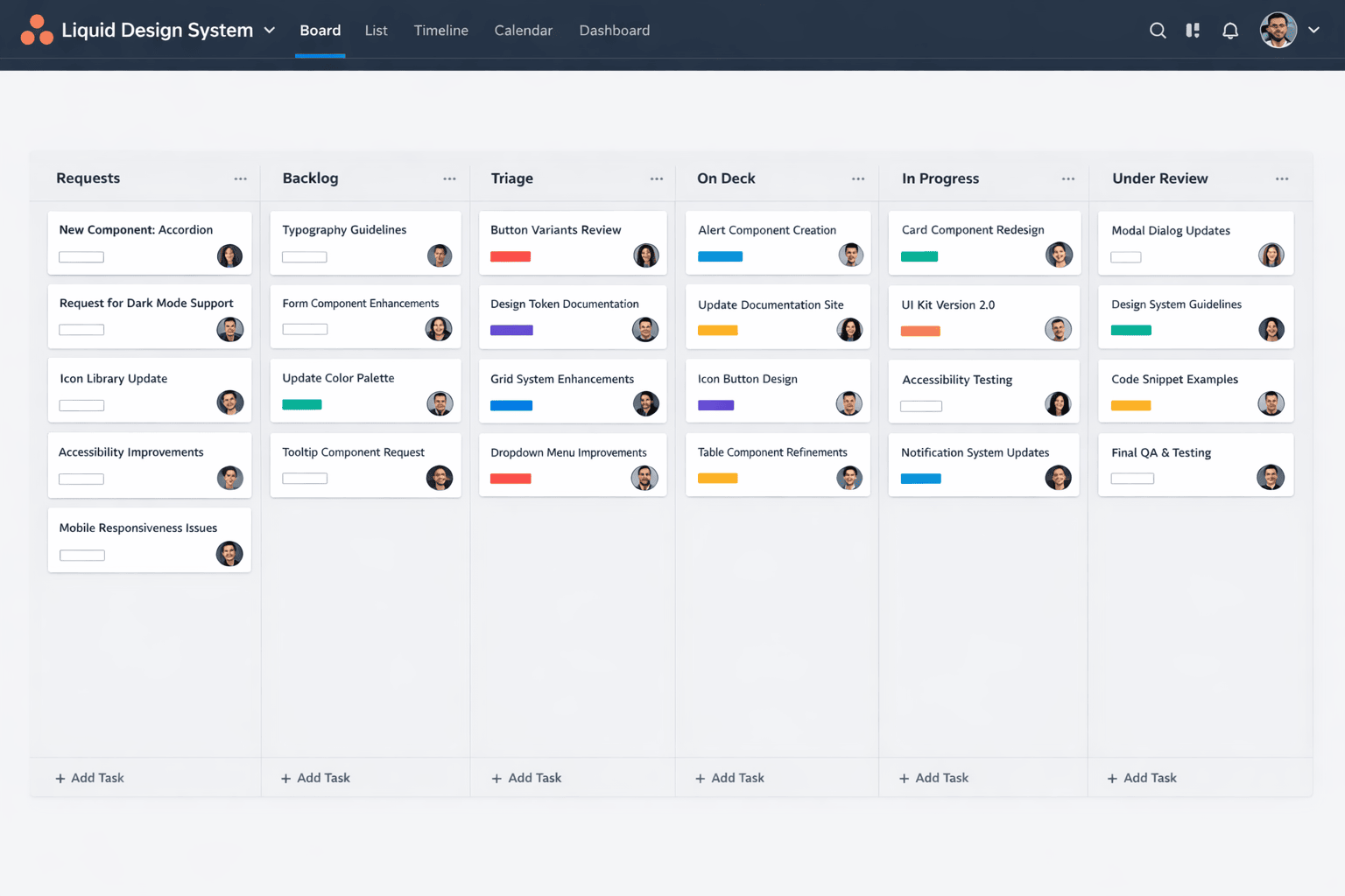 Asana board for the Liquid Design System with columns for requests, backlog, triage, on deck, in progress, and under review, populated with component and documentation tasks.
