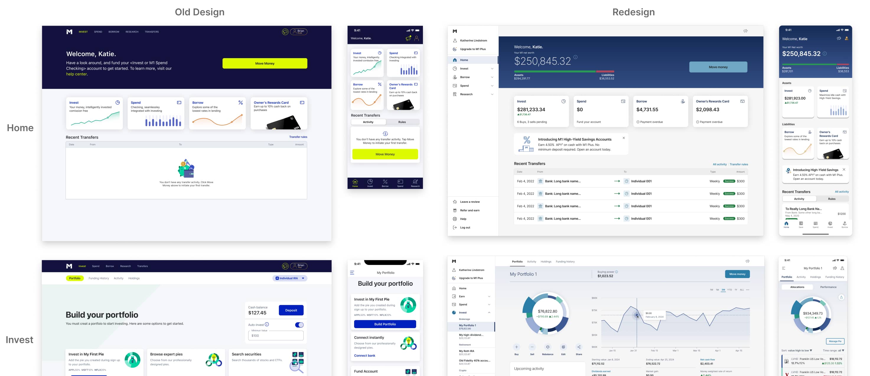 Side-by-side comparison of M1's home and invest experiences before and after the redesign, across desktop and mobile — the redesign shows a unified navigation, clearer hierarchy, and consistent Liquid components.