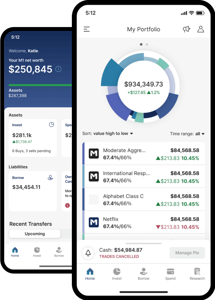 Two M1 Finance mobile app screens built on Liquid: a home dashboard showing net worth, assets, and liabilities, and a portfolio view with a donut chart of holdings.