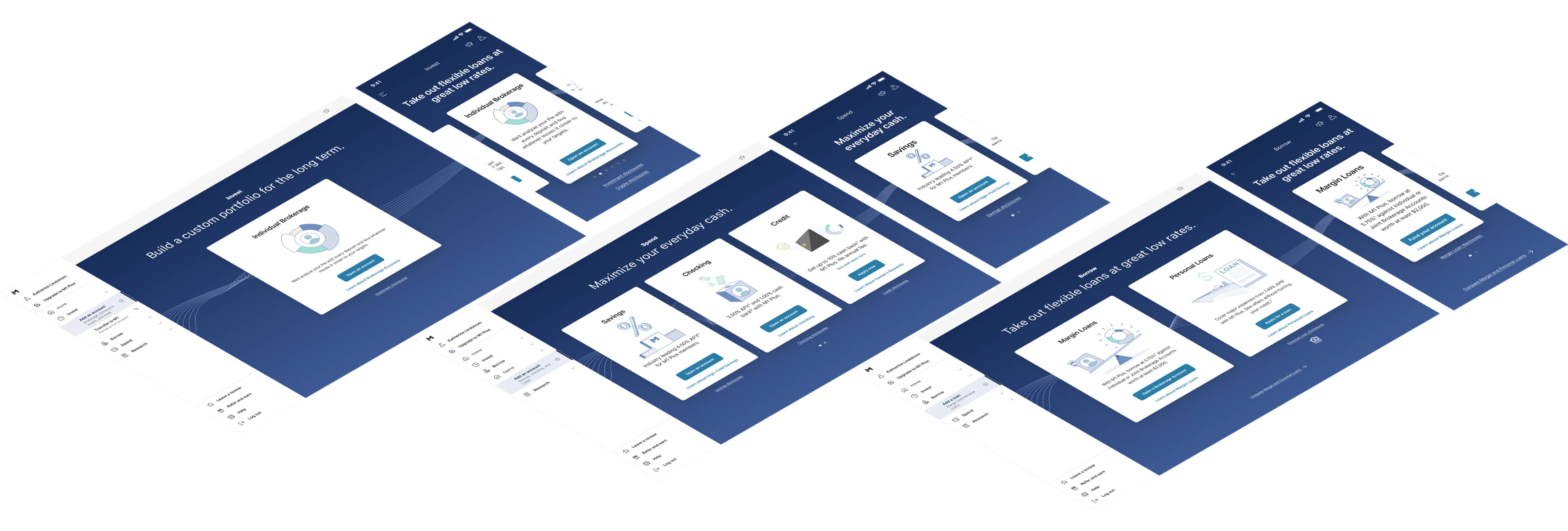 Isometric spread of redesigned M1 Finance screens across web and mobile, all built on Liquid components.