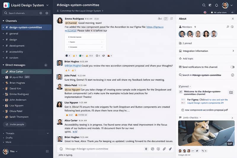 Slack workspace showing the design-system-committee channel, where designers and engineers review a new accordion component proposal, assign code snippet work, and share accessibility testing updates.