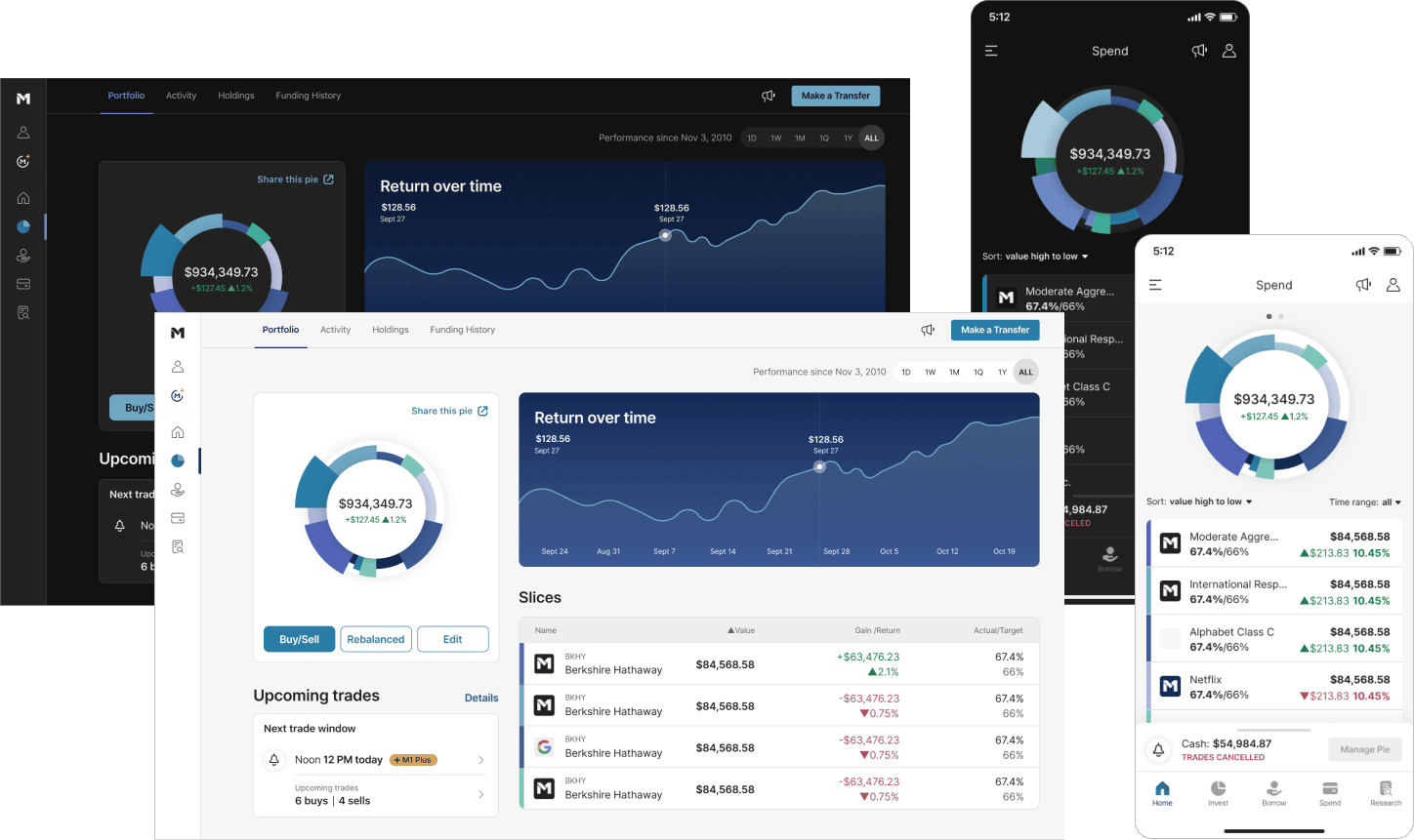 M1 portfolio screens across desktop and mobile in dark and light themes.
