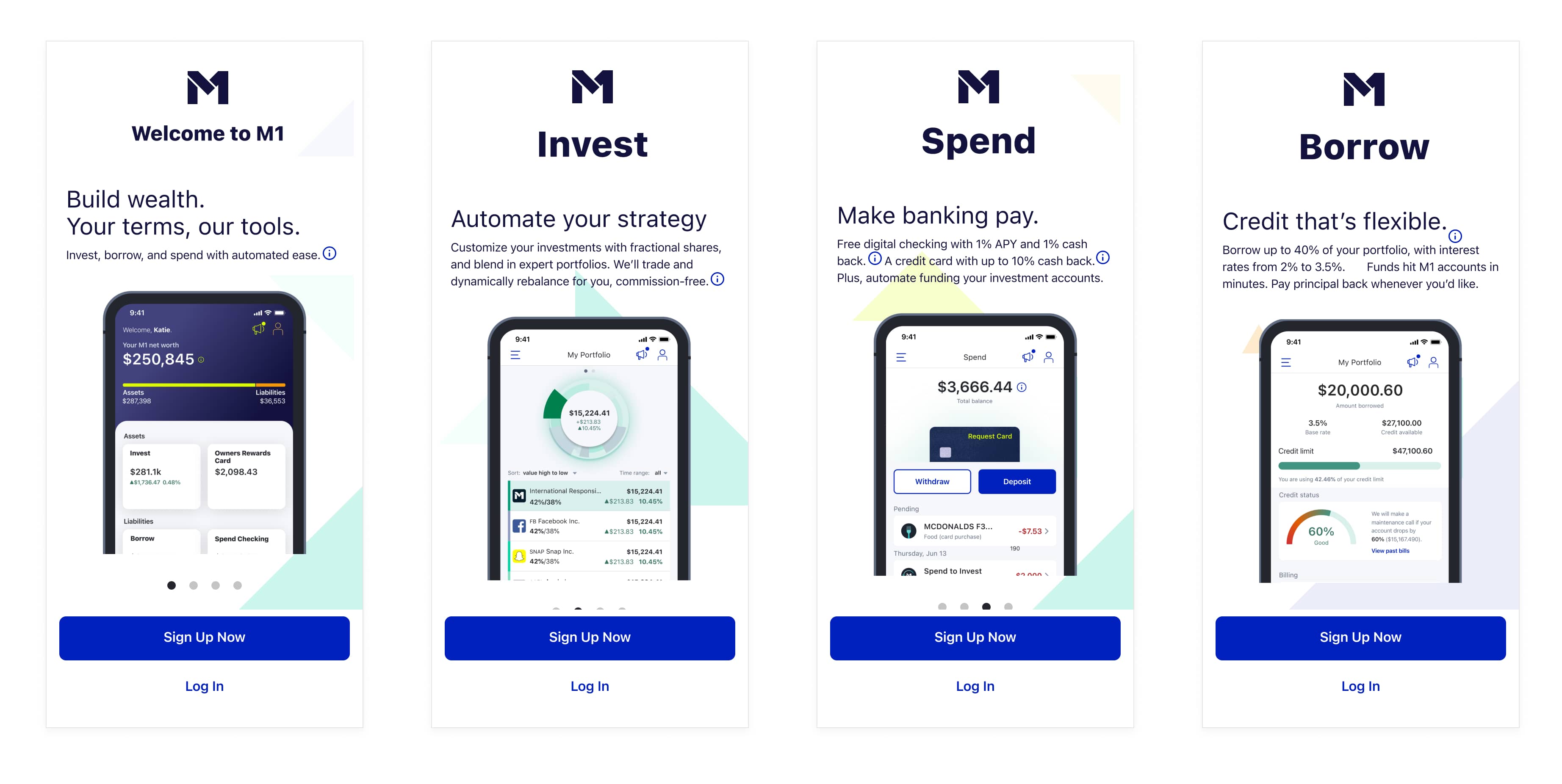 Four M1 onboarding marketing screens: Welcome to M1, Invest, Spend, and Borrow, each with product messaging, an app preview, and a sign-up button.