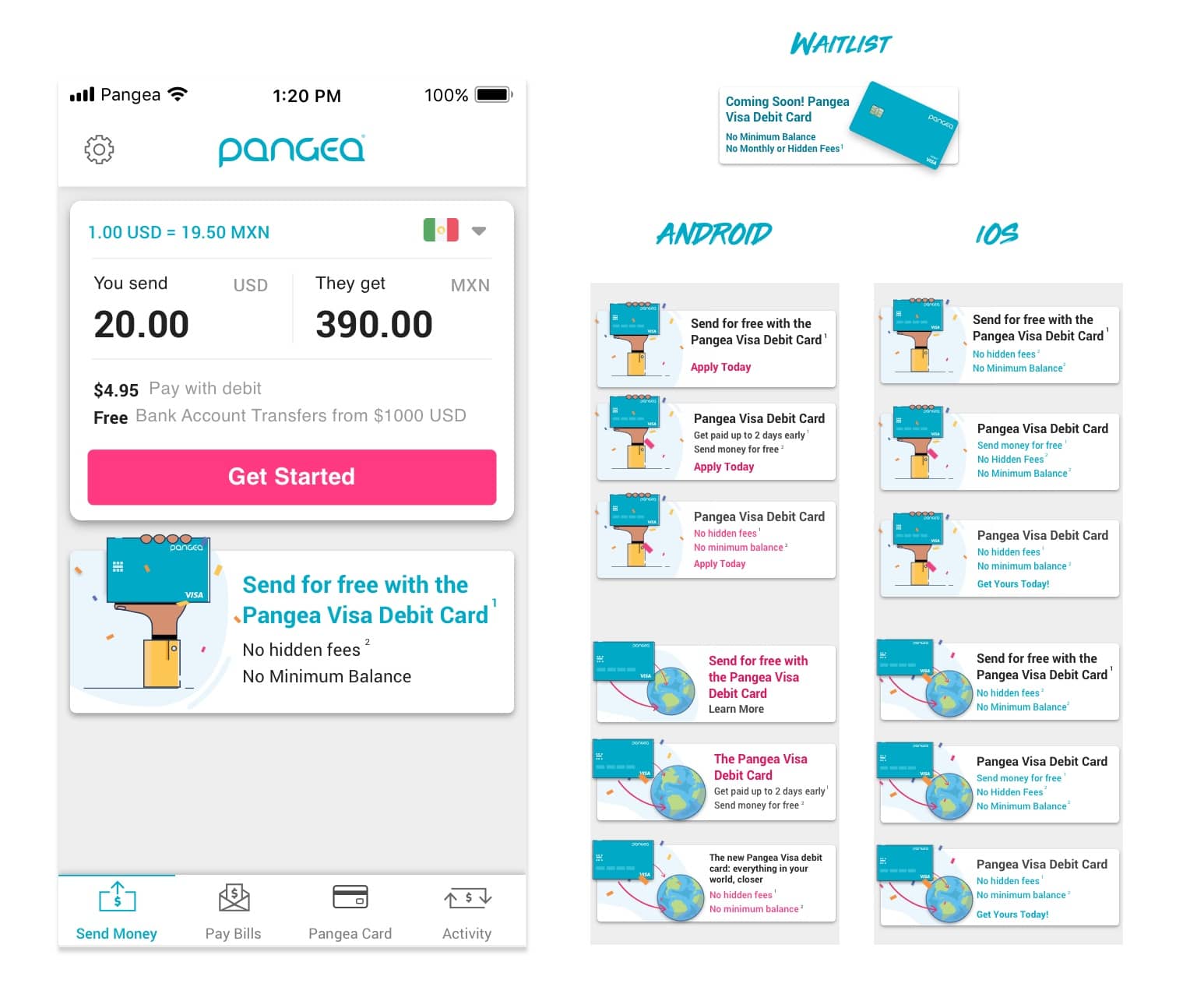 The home promo module beside Android and iOS ad banner variations, each testing different card benefit copy: send for free, get paid early, no hidden fees, no minimum balance.