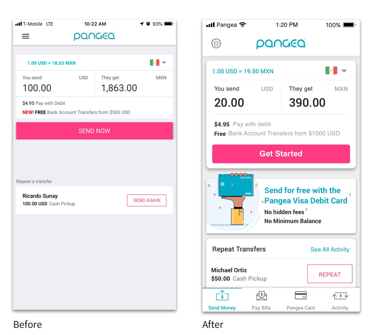 Before and after of the Pangea home screen: the redesign adds a card promo module and a richer repeat-transfers list beneath the FX calculator.
