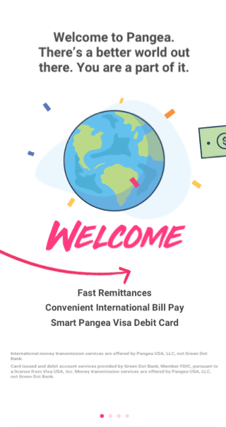 Animated onboarding welcome screen: 'Welcome to Pangea. There's a better world out there. You are a part of it,' with an illustrated globe and confetti.
