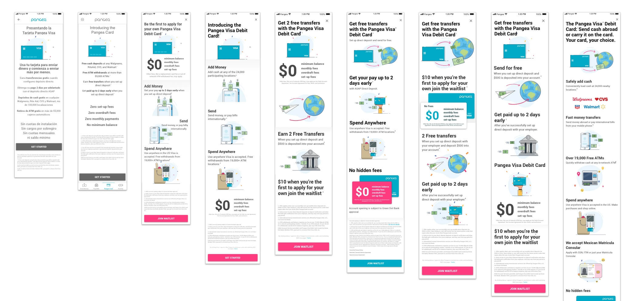Nine splash page copy and layout variants testing different benefit orderings: free transfers, early pay, $0 fees, ATM access, and Matrícula Consular acceptance.